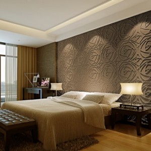 Спальня в коричневых тонах с гипсовыми 3D панелями