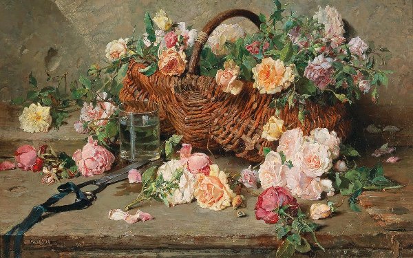Натюрморт с корзиной роз. Холст, масло. 53 x 84 см. Франсуа Адольф Гризон (1845-1914), французский художник