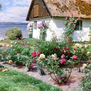 Деревенский дом с кустами роз у воды, 1934. Петер Мёрк Мёнстед