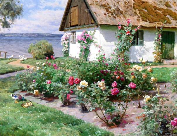 Деревенский дом с кустами роз у воды, 1934. Петер Мёрк Мёнстед