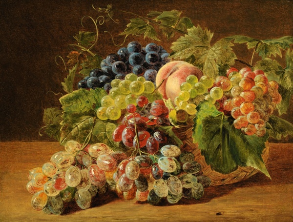  Натюрморт с персиком и виноградом. Фердинанд Георг Вальдмюллер (нем. Ferdinand Georg Waldmüller; 1793, Вена — 1865, Хинтербрюль, Нижняя Австрия), австрийский художник.